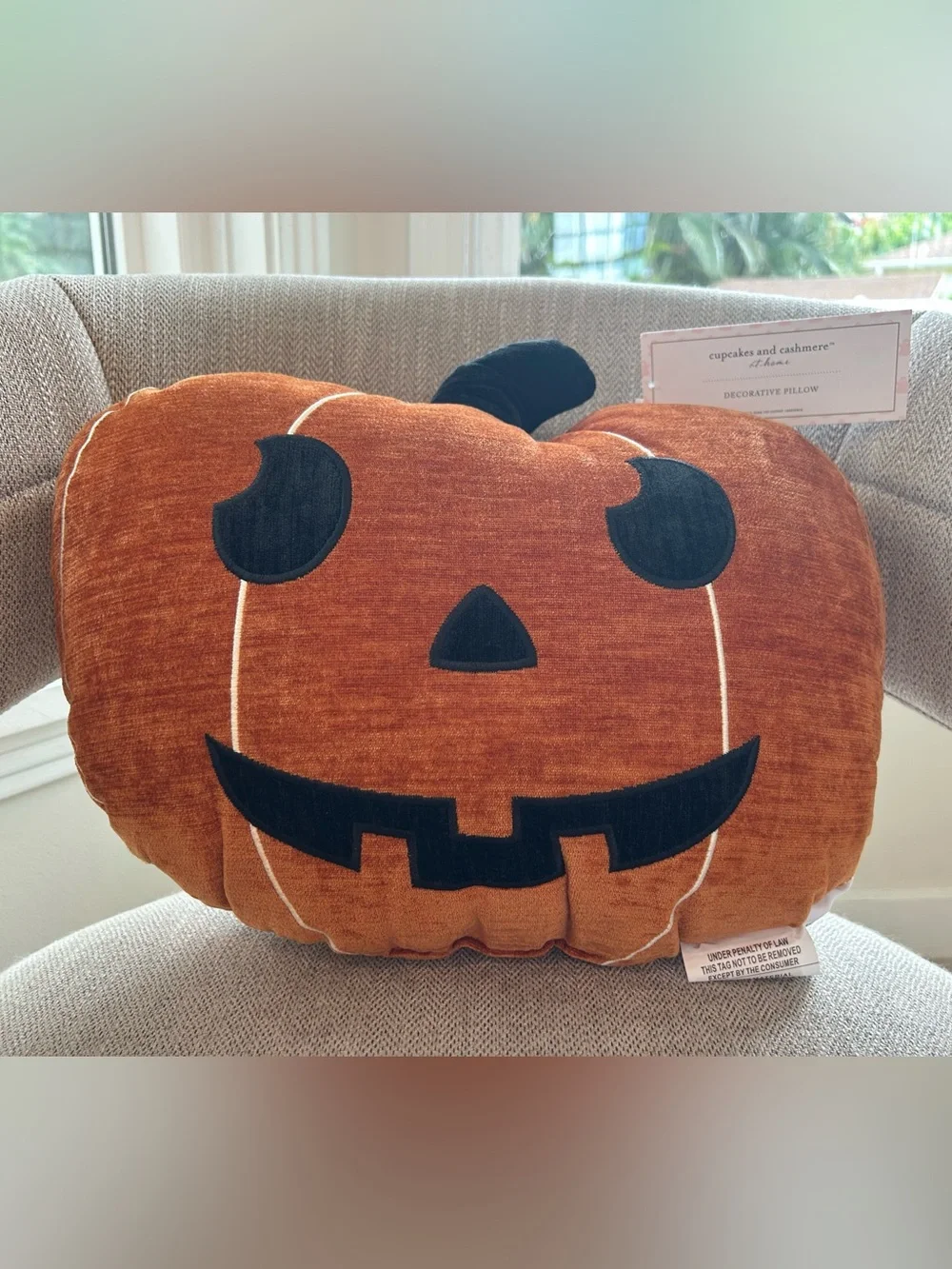 “New” Cupcakes & Cashmere Orange Jack-o-lantern Pillow with Black Stem